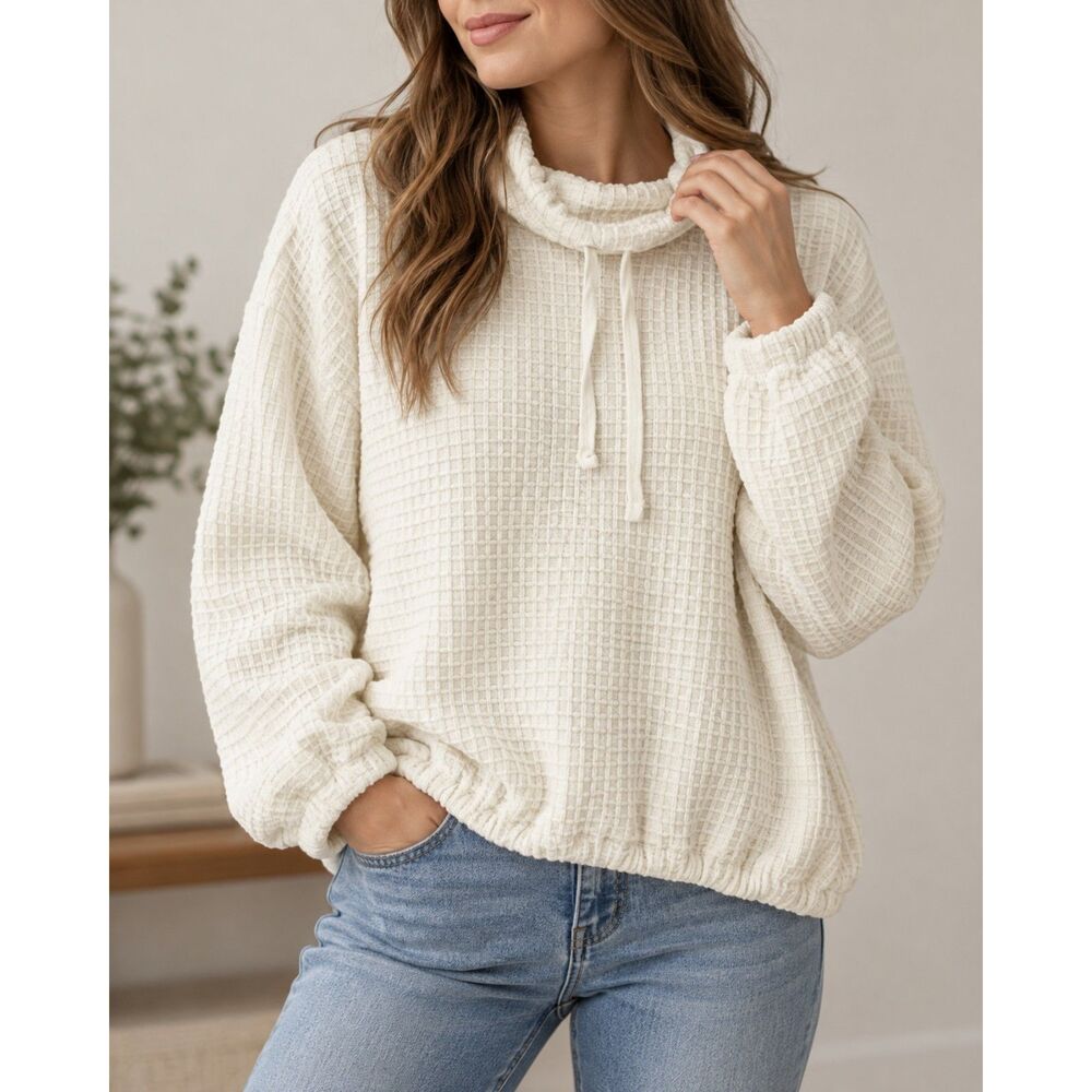 Max Studio Cream Waffle Knit Cowl Neck Drawstring Pullover Sweater Women's Large